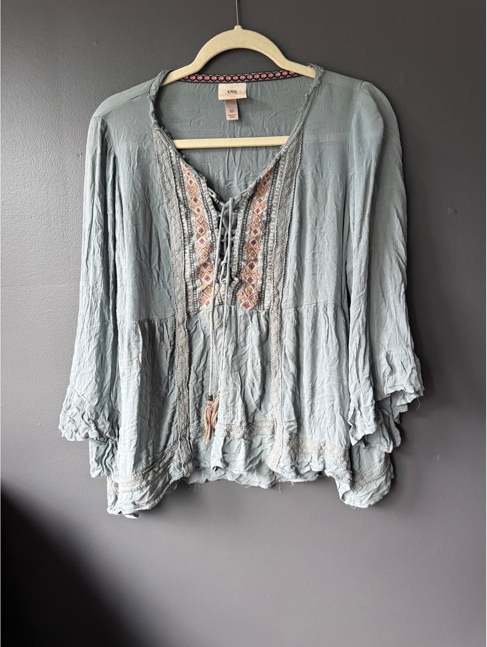 Knox Rose Boho Embroidered Lace-Up Blouse XL